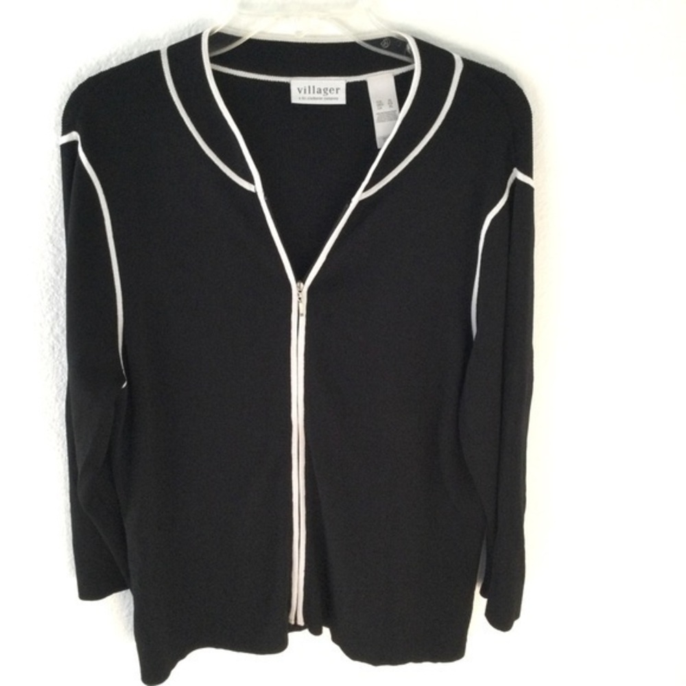 Villager Liz Claiborne Black With White Trim Zip Cardigan Sweater Size XL